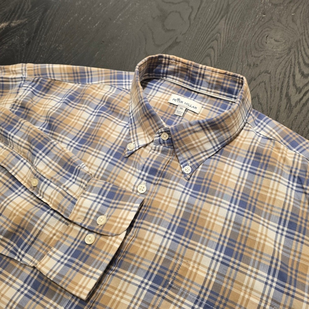 Peter Millar Mens XL Plaid Button Down Shirt Blue Tan Cotton Casual